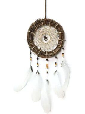 Handmade Boho Rattan Dream Catcher Wall Decor - 17" Natural Brown Hanging Art